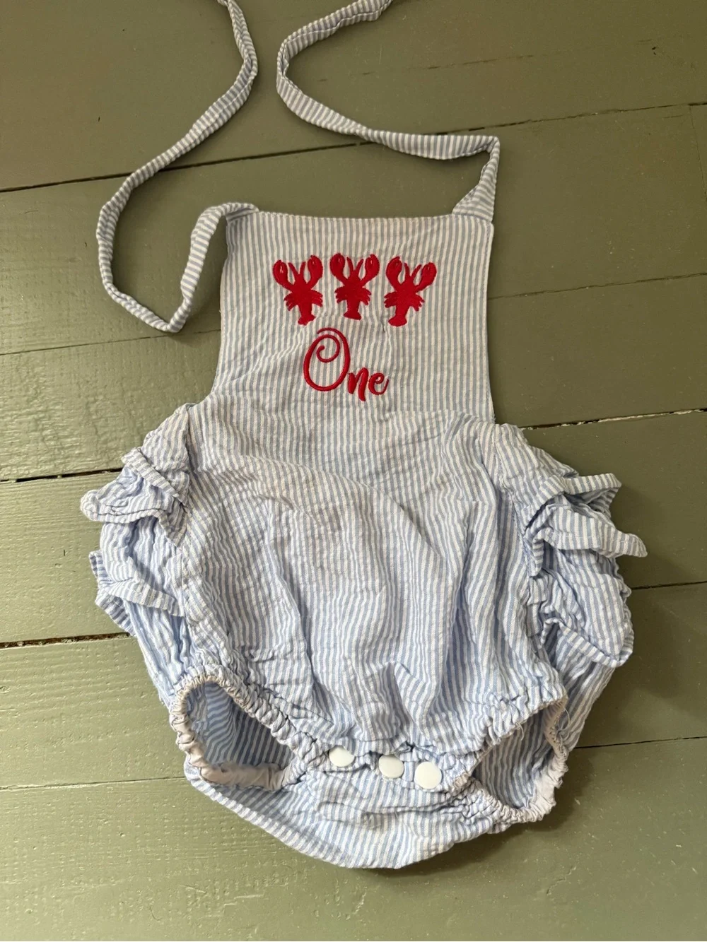 Blue & White Seersucker 'One' Baby Romper with Red Lobster Embroidery